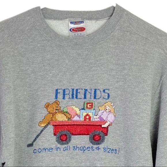 Vintage 90s Handmade Cross Stitch Nerdy Crewneck Pullover Sweatshirt Medium Gray - Picture 3 of 13